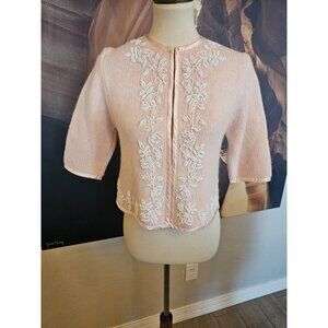 Stix Baer Fuller Pink Beaded Sweater Cardigan Wool & Rabbit Hair Women's Sm Vtg